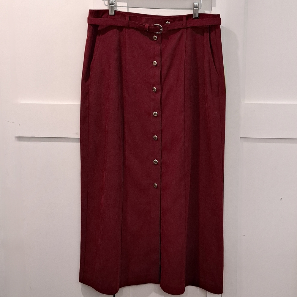 Vintage Dark Red Belted Button Front 80s 90s Grunge Prairie Western Skirt 14